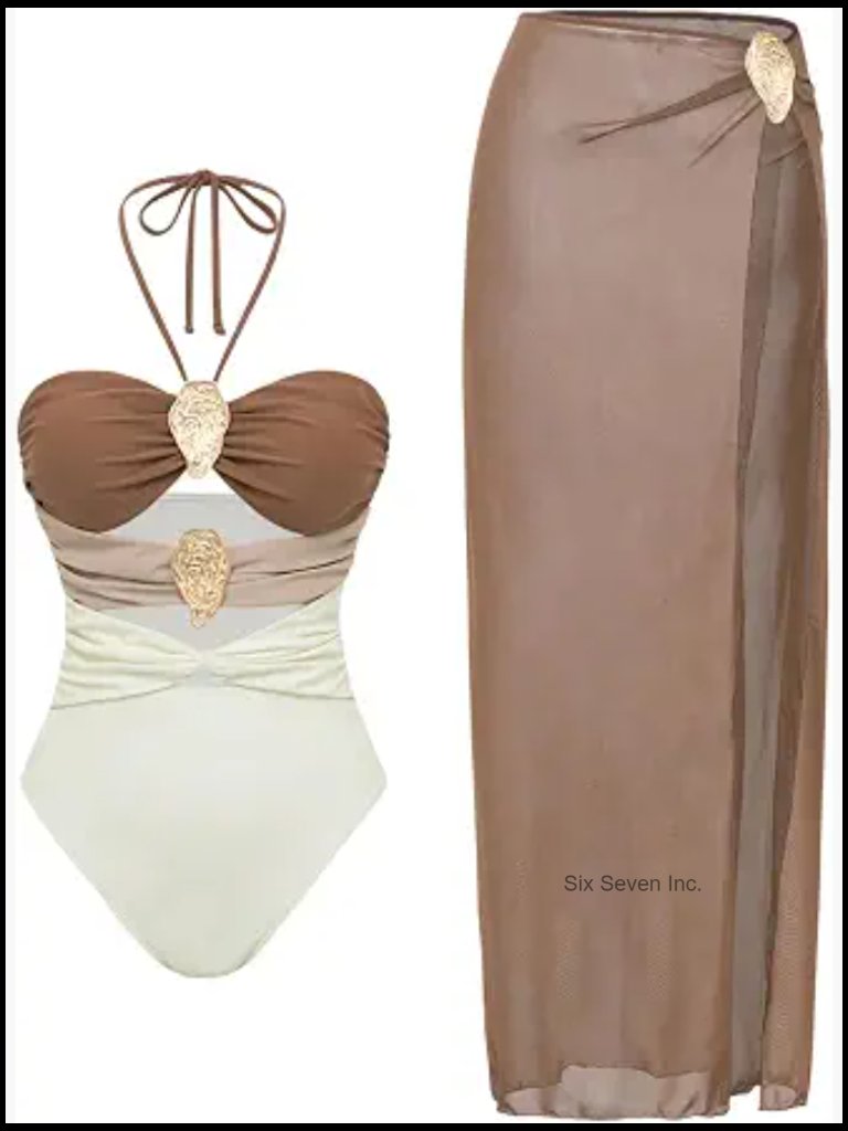 Women's Metal Cut Out Halter One Piece Swimsuit Monokini With Mesh Cover Up